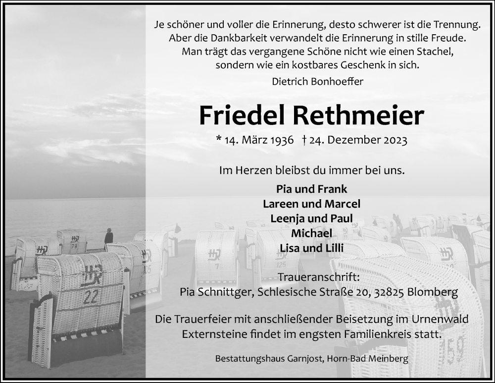  Traueranzeige für Friedel Rethmeier vom 30.12.2023 aus Lippische Landes-Zeitung