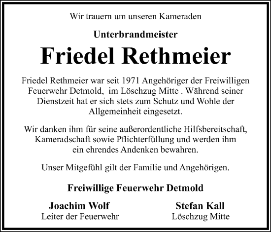 Anzeige  Friedel Rethmeier  Lippische Landes-Zeitung