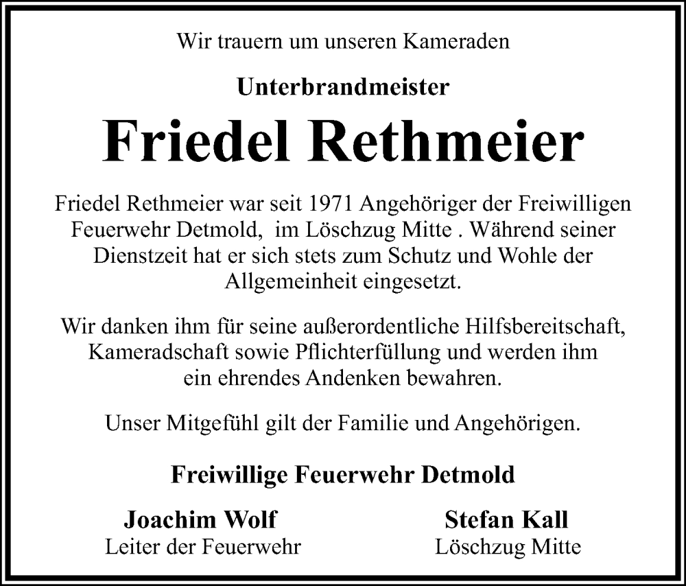  Traueranzeige für Friedel Rethmeier vom 30.12.2023 aus Lippische Landes-Zeitung