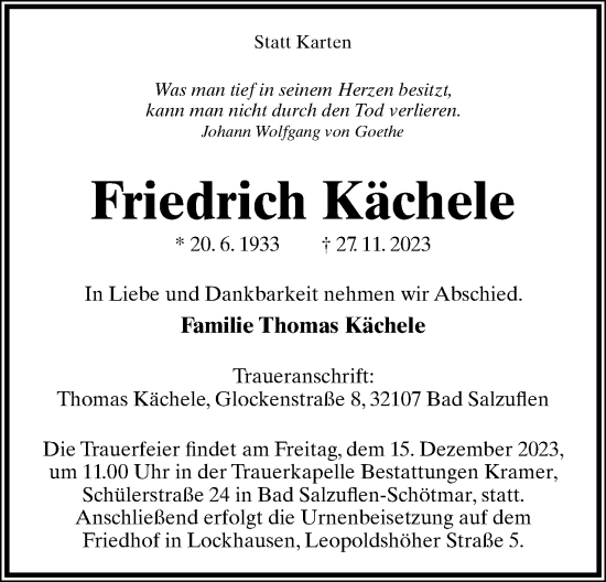 Anzeige  Friedrich Kächele  Lippische Landes-Zeitung