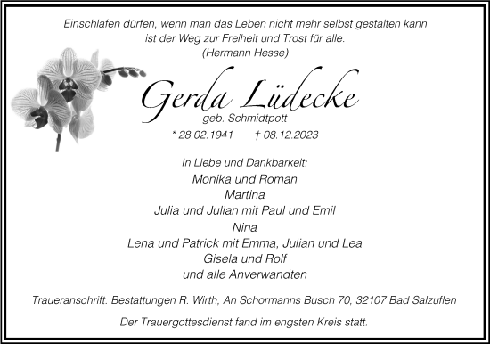 Anzeige  Gerda Lüdecke  Lippische Landes-Zeitung