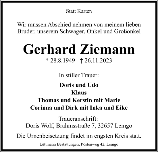 Anzeige  Gerhard Ziemann  Lippische Landes-Zeitung