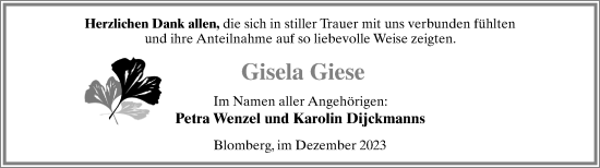 Anzeige  Gisela Giese  Lippische Landes-Zeitung