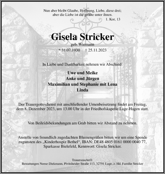 Anzeige  Gisela Stricker  Lippische Landes-Zeitung