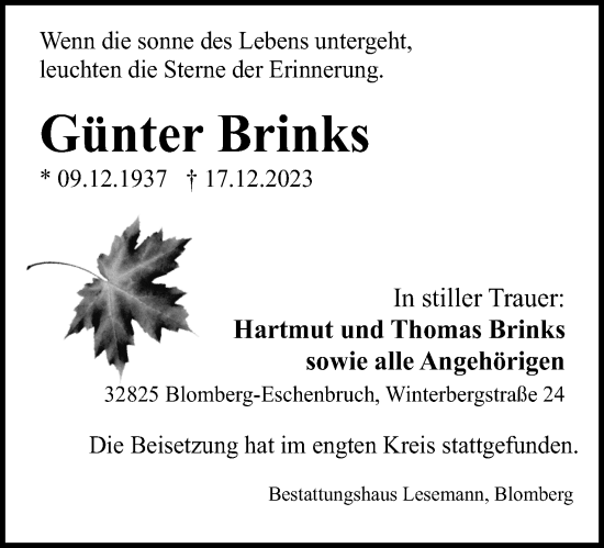 Anzeige  Günter Brinks  Lippische Landes-Zeitung
