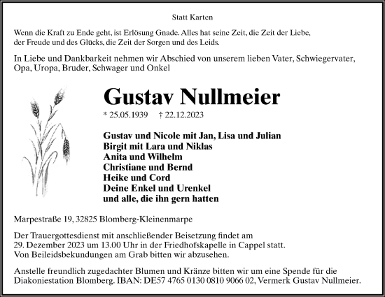 Anzeige  Gustav Nullmeier  Lippische Landes-Zeitung