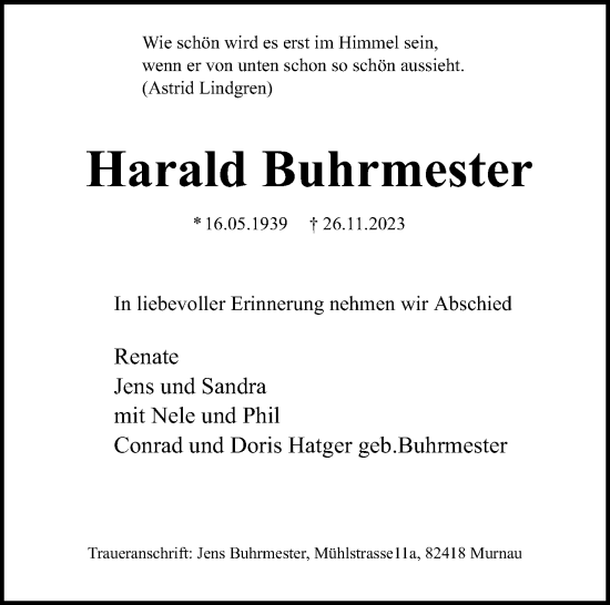 Anzeige  Harald Buhrmester  Lippische Landes-Zeitung