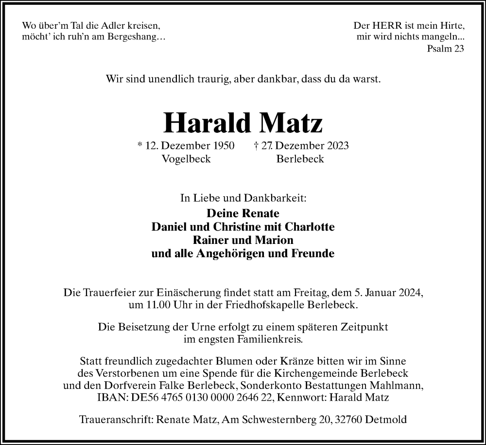  Traueranzeige für Harald Matz vom 30.12.2023 aus Lippische Landes-Zeitung