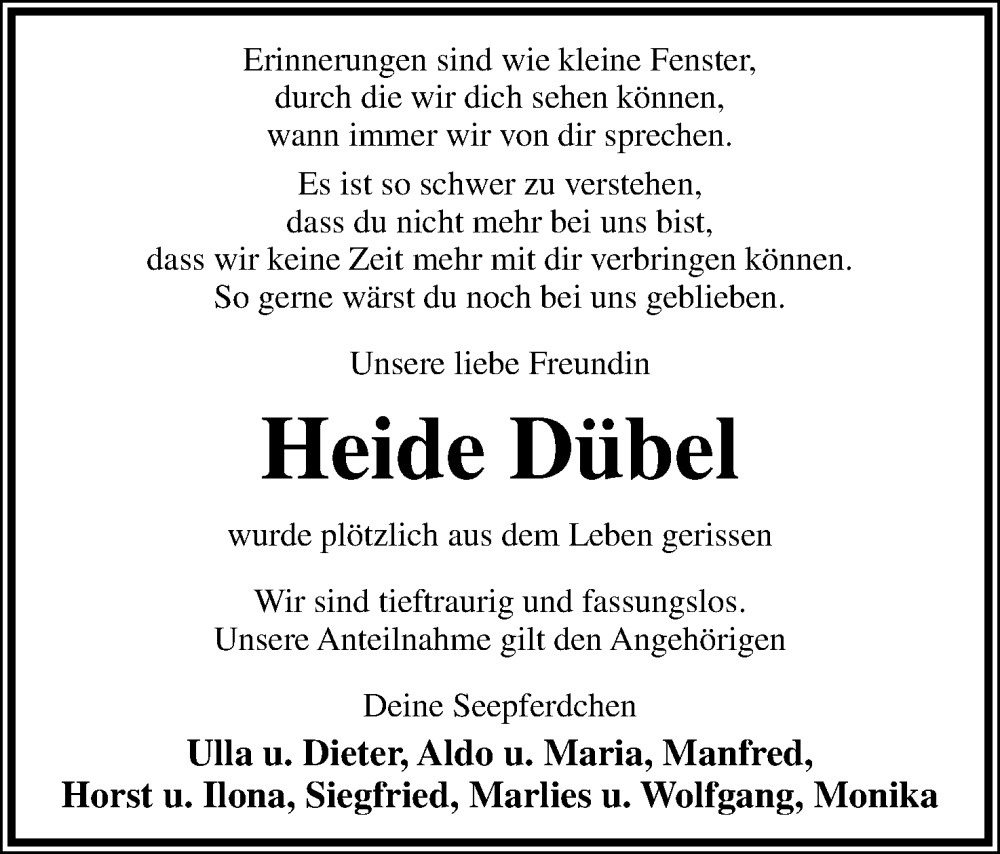  Traueranzeige für Heide Dübel vom 09.12.2023 aus Lippische Landes-Zeitung