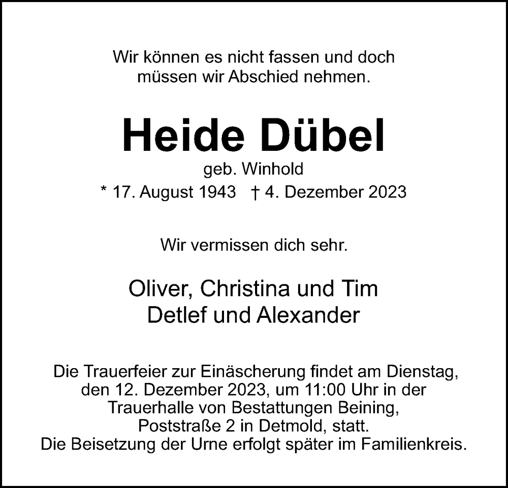  Traueranzeige für Heide Dübel vom 09.12.2023 aus Lippische Landes-Zeitung