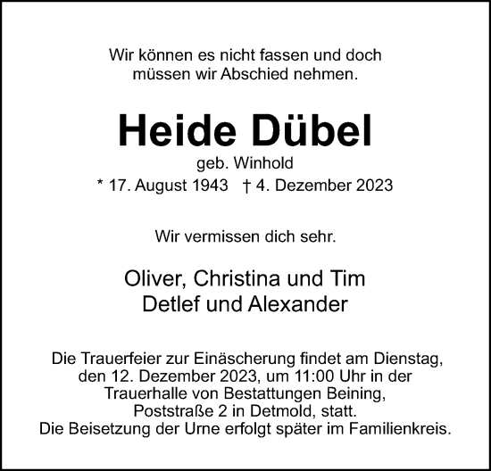 Anzeige  Heide Dübel  Lippische Landes-Zeitung