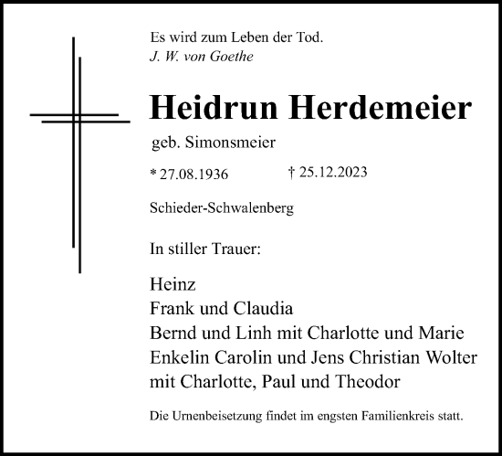 Anzeige  Heidrun Herdemeier  Lippische Landes-Zeitung