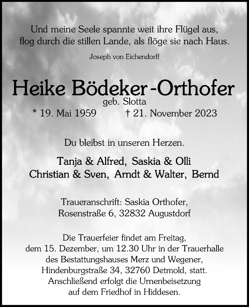  Traueranzeige für Heike Bödeker-Orthofer vom 09.12.2023 aus Lippische Landes-Zeitung