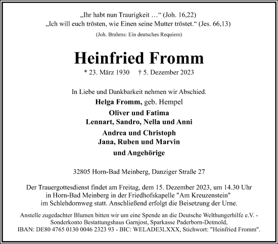 Anzeige  Heinfried Fromm  Lippische Landes-Zeitung