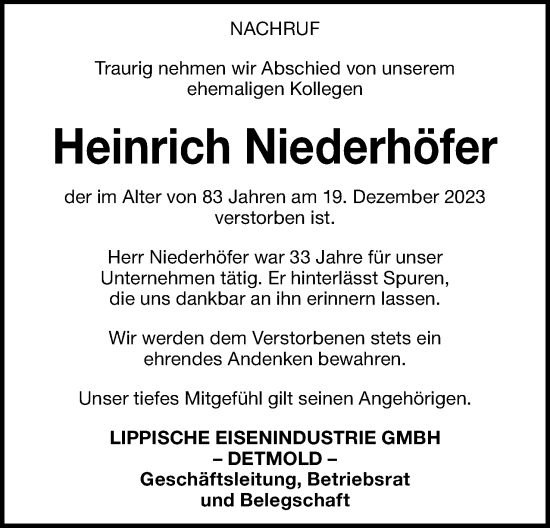 Anzeige  Heinrich Niederhöfer  Lippische Landes-Zeitung