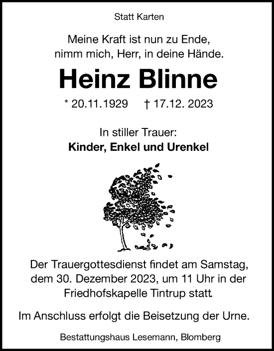 Anzeige  Heinz Blinne  Lippische Landes-Zeitung