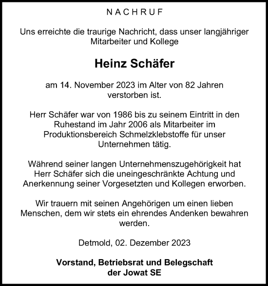 Anzeige  Heinz Schäfer  Lippische Landes-Zeitung