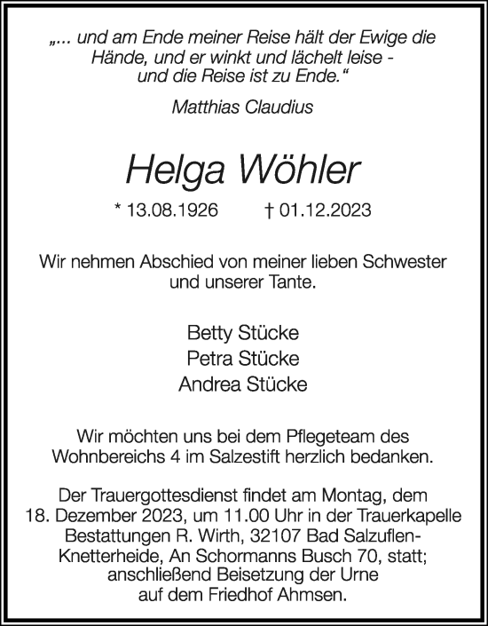Anzeige  Helga Wöhler  Lippische Landes-Zeitung