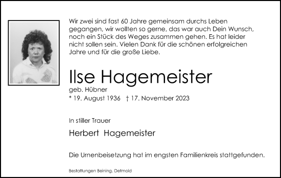 Anzeige  Ilse Hagemeister  Lippische Landes-Zeitung