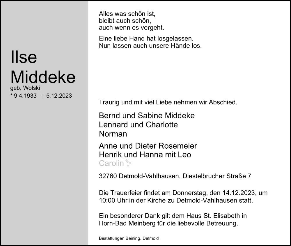  Traueranzeige für Ilse Middeke vom 09.12.2023 aus Lippische Landes-Zeitung