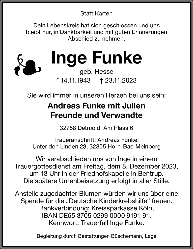 Traueranzeige für Inge Funke vom 02.12.2023 aus Lippische Landes-Zeitung