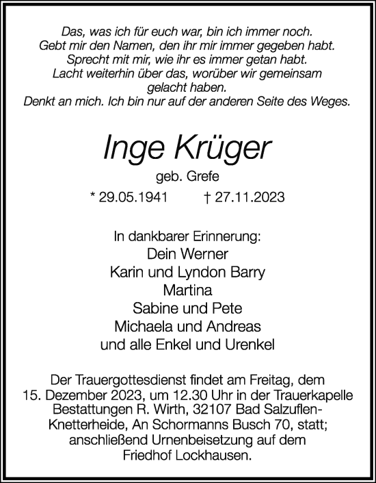 Anzeige  Inge Krüger  Lippische Landes-Zeitung
