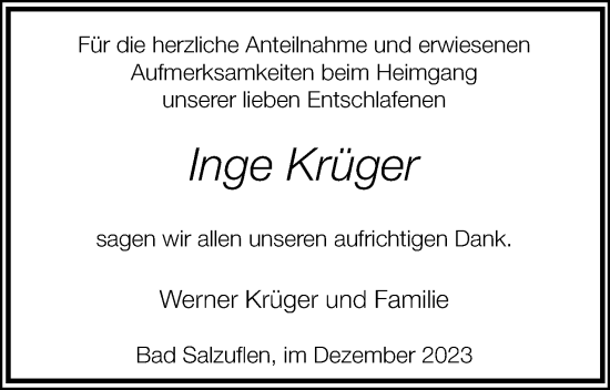 Anzeige  Inge Krüger  Lippische Landes-Zeitung