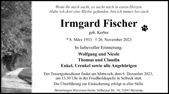 Anzeige  Irmgard Fischer  Lippische Landes-Zeitung