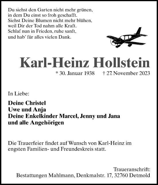Anzeige  Karl-Heinz Hollstein  Lippische Landes-Zeitung
