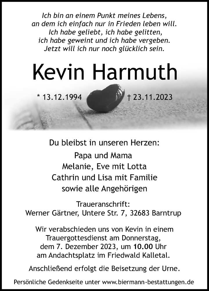 Traueranzeige für Kevin Harmuth vom 02.12.2023 aus Lippische Landes-Zeitung