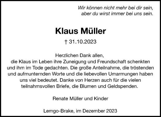 Anzeige  Klaus Müller  Lippische Landes-Zeitung