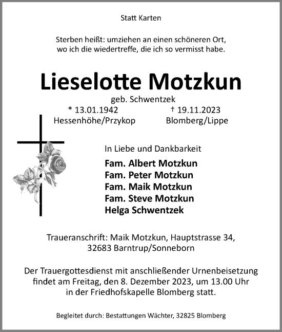 Anzeige  Lieselotte Motzkun  Lippische Landes-Zeitung