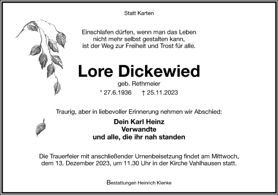 Anzeige  Lore Dickewied  Lippische Landes-Zeitung