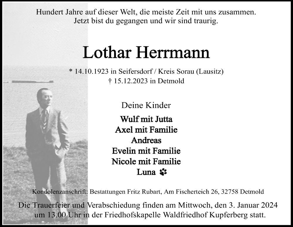  Traueranzeige für Lothar Herrmann vom 23.12.2023 aus Lippische Landes-Zeitung
