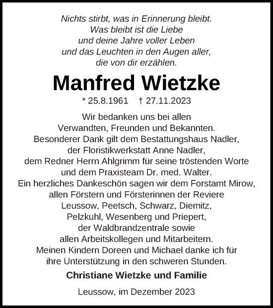 Anzeige  Manfred Wietzke  Lippische Landes-Zeitung
