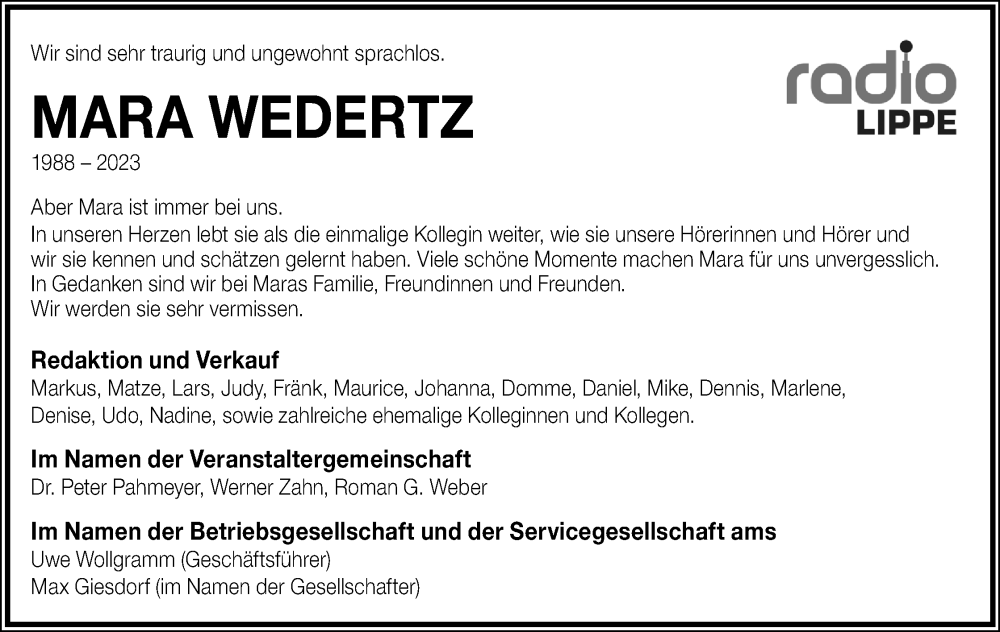  Traueranzeige für Mara Wedertz vom 16.12.2023 aus Lippische Landes-Zeitung