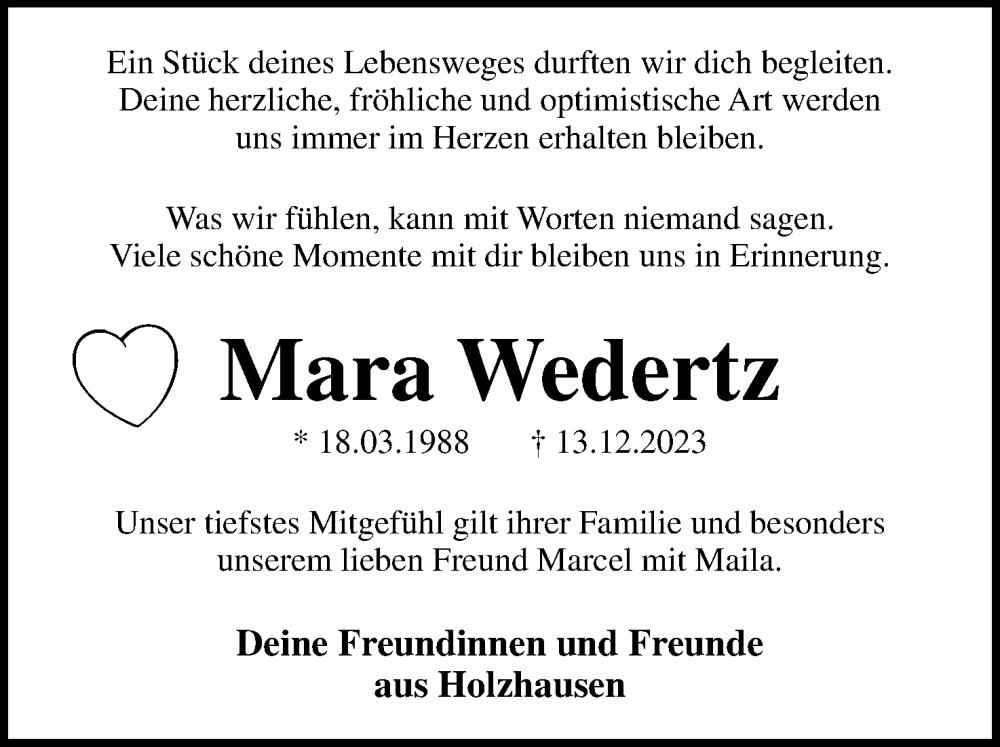  Traueranzeige für Mara Wedertz vom 16.12.2023 aus Lippische Landes-Zeitung