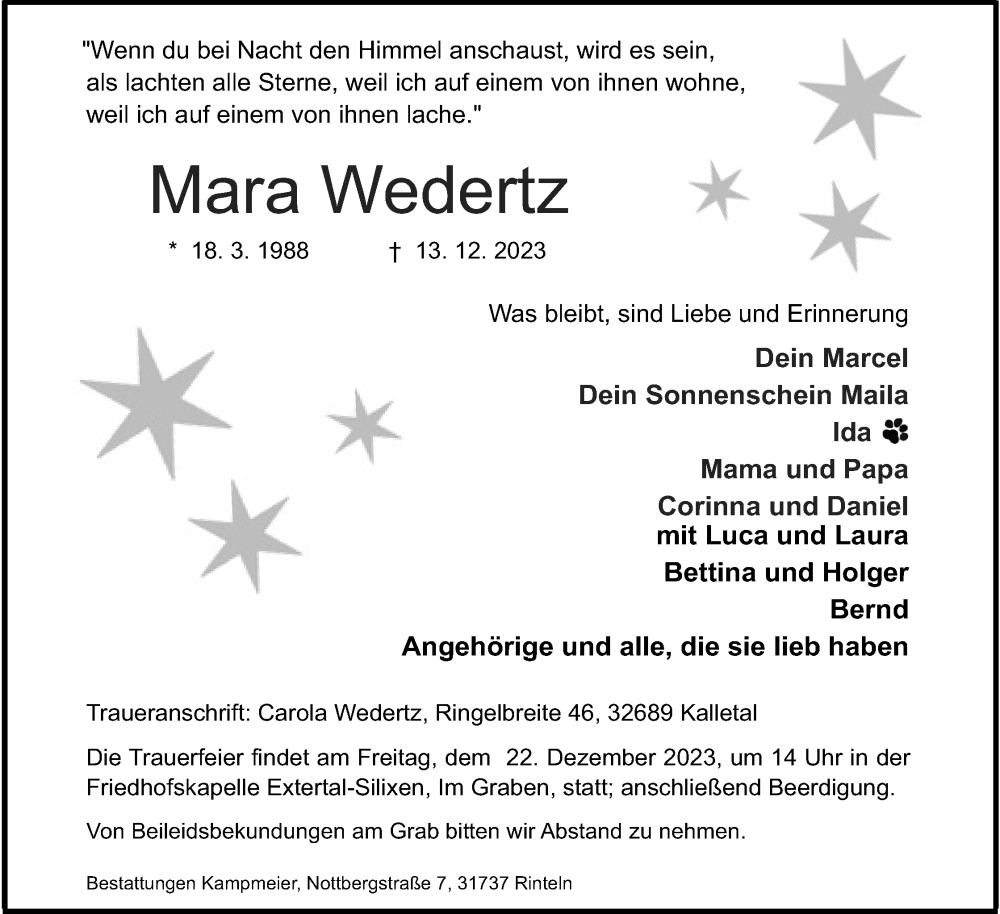  Traueranzeige für Mara Wedertz vom 16.12.2023 aus Lippische Landes-Zeitung