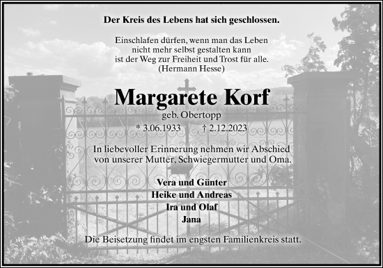 Anzeige  Margarete Korf  Lippische Landes-Zeitung