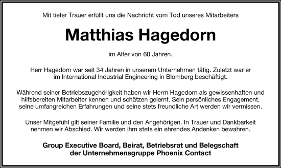 Anzeige  Matthias Hagedorn  Lippische Landes-Zeitung
