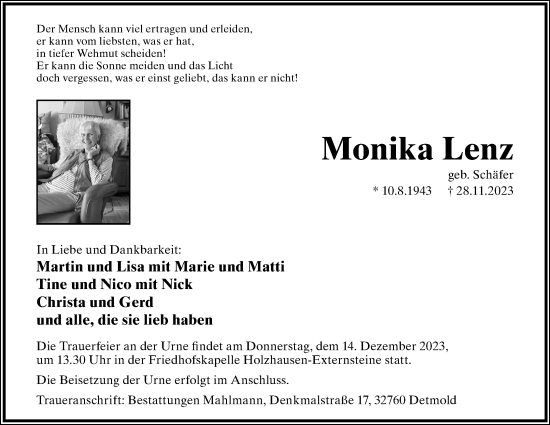 Anzeige  Monika Lenz  Lippische Landes-Zeitung