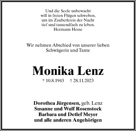 Anzeige  Monika Lenz  Lippische Landes-Zeitung