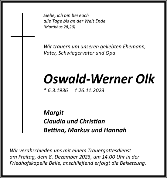 Anzeige  Oswald-Werner Olk  Lippische Landes-Zeitung