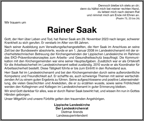 Anzeige  Rainer Saak  Lippische Landes-Zeitung
