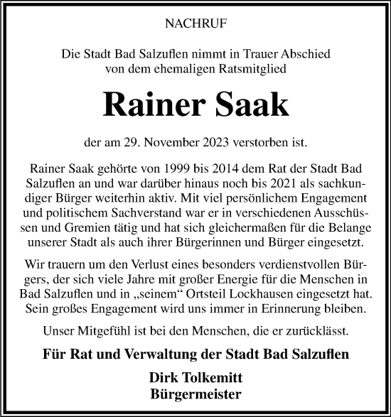 Anzeige  Rainer Saak  Lippische Landes-Zeitung
