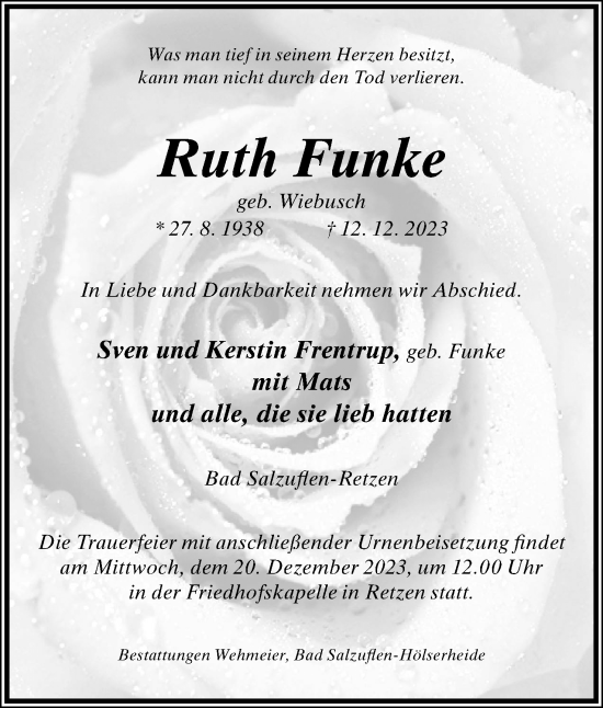 Anzeige  Ruth Funke  Lippische Landes-Zeitung