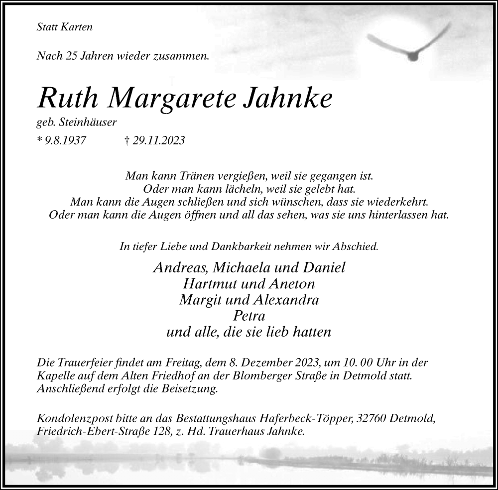  Traueranzeige für Ruth Margarete Jahnke vom 02.12.2023 aus Lippische Landes-Zeitung