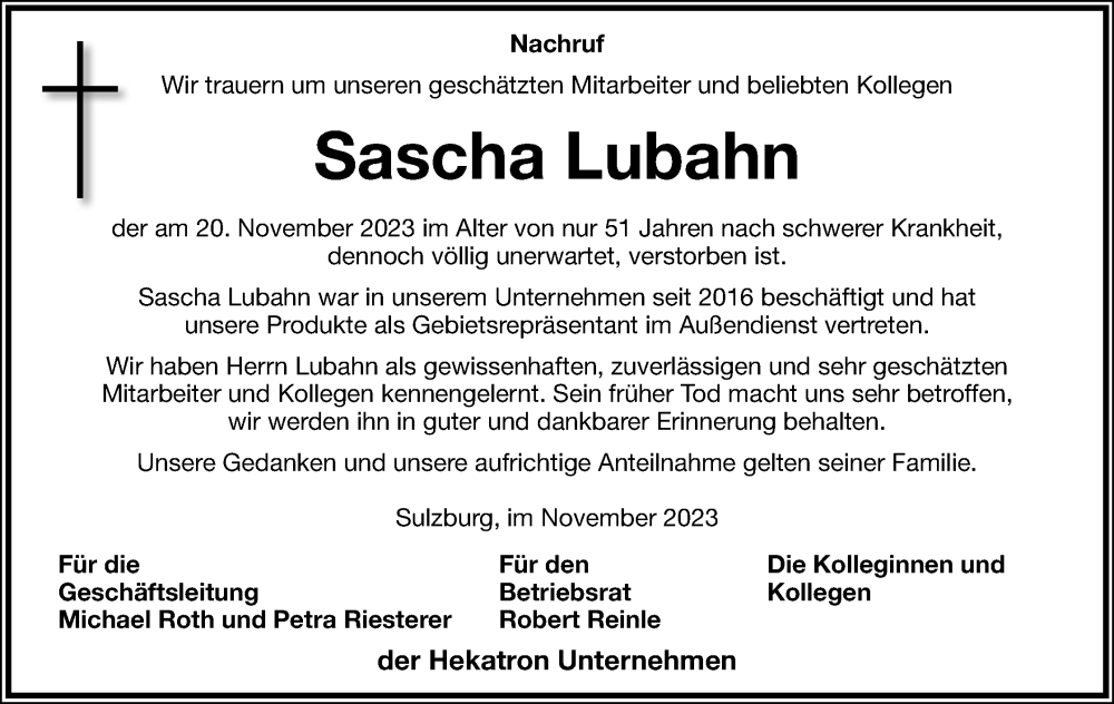  Traueranzeige für Sascha Lubahn vom 01.12.2023 aus Lippische Landes-Zeitung