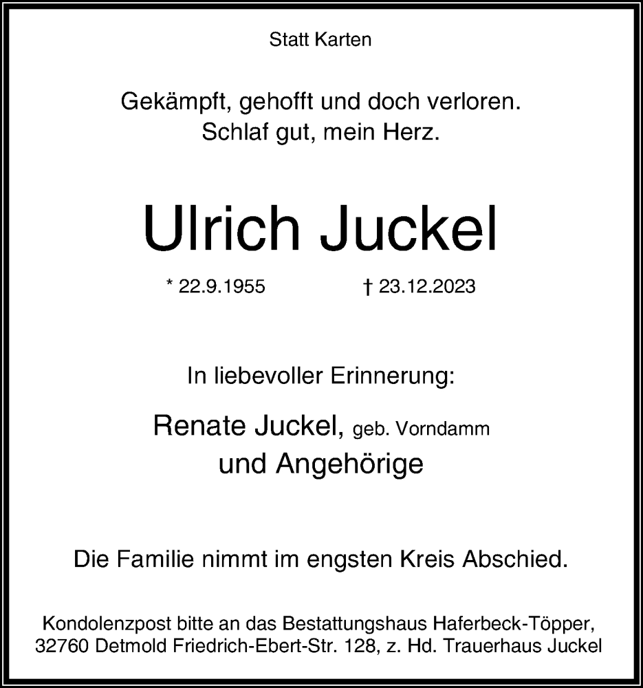  Traueranzeige für Ulrich Juckel vom 30.12.2023 aus Lippische Landes-Zeitung