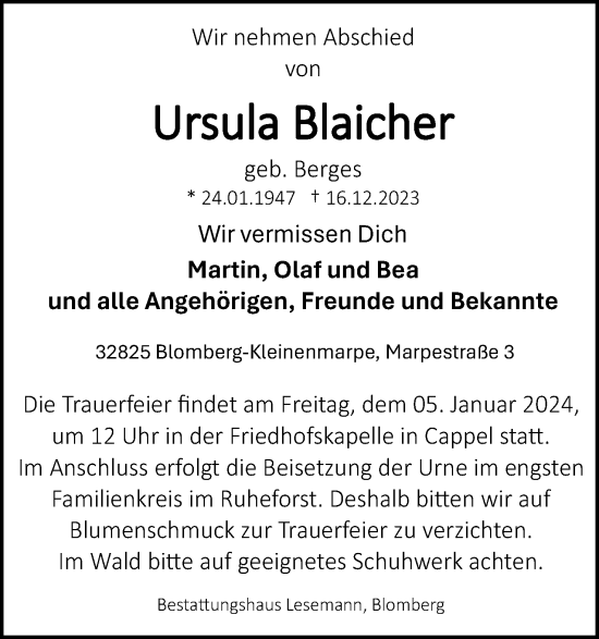 Anzeige  Ursula Blaicher  Lippische Landes-Zeitung